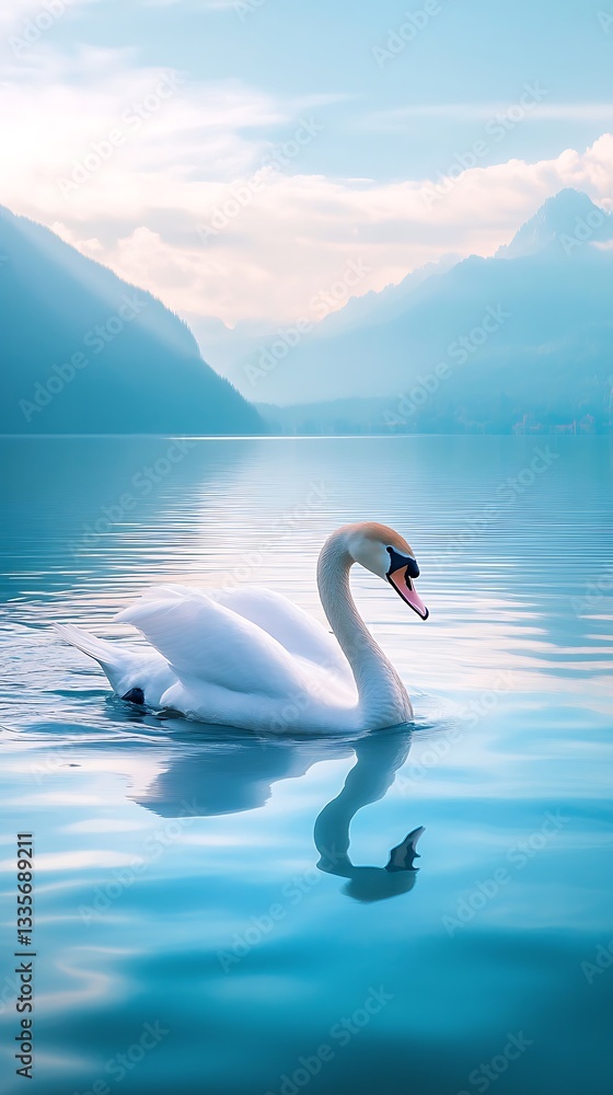 Fototapeta premium Serene Swan on a Mountain Lake at Dawn