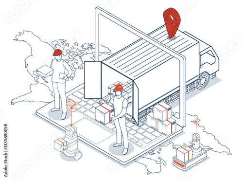 Logistics and Delivery services concept with Truck transport product boxes from suppliers to buyers, streamlined by instant Laptop ordering for quick and efficient delivery.