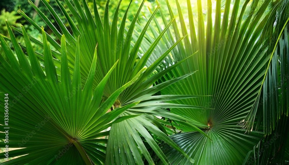 Fototapeta premium Green palm leaves in botanical garden- 75075