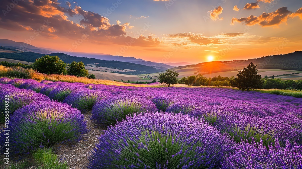 Obraz premium Sunset over rolling hills and lavender fields