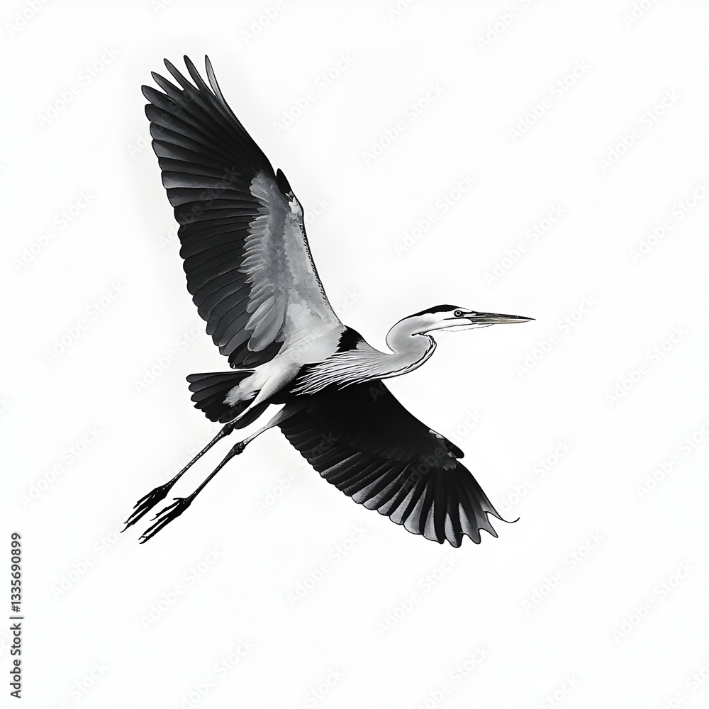Fototapeta premium A majestic grey heron gracefully soars through the air with wings fully extended against a bright white background showcasing its elegant form in