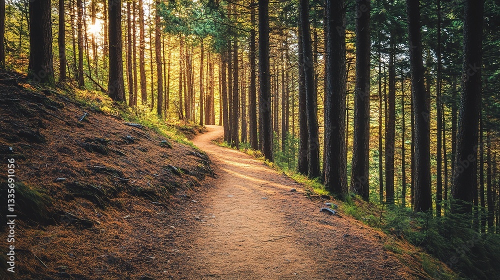 Naklejka premium Path to Serenity: A winding forest path beckons the viewer, leading into a sun-drenched woodland area, offering a serene escape into nature's embrace.