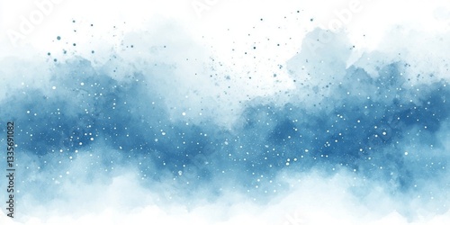 Abstract watercolor painting features shades of blue and white