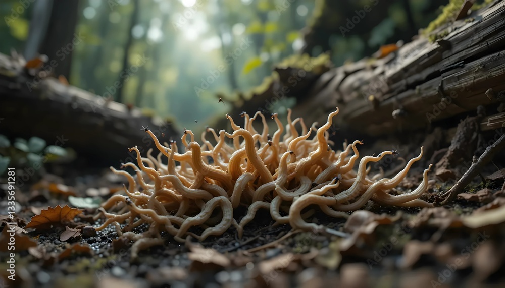 Fototapeta premium A close-up view of a fascinating cluster of fungi, resembling a delicate, light beige or tan, interwoven network of thin, wavy strands.