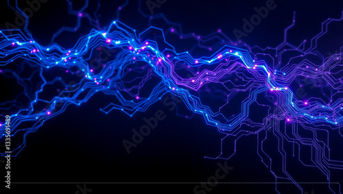 Neon-lit digital circuitry with blue and purple glowing lines, symbolizing high-tech innovation, artificial intelligence, and futuristic technology in a cyber-inspired design.