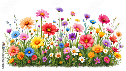 Colorful meadow and garden flowers isolated transparent background.