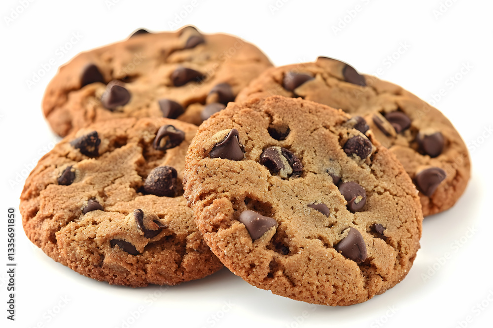 Delicious chocolate chip cookies on white background, perfect for baking blogs or food websites Delicious chocolate chip cookies on white background, perfect for baking blogs or food websites