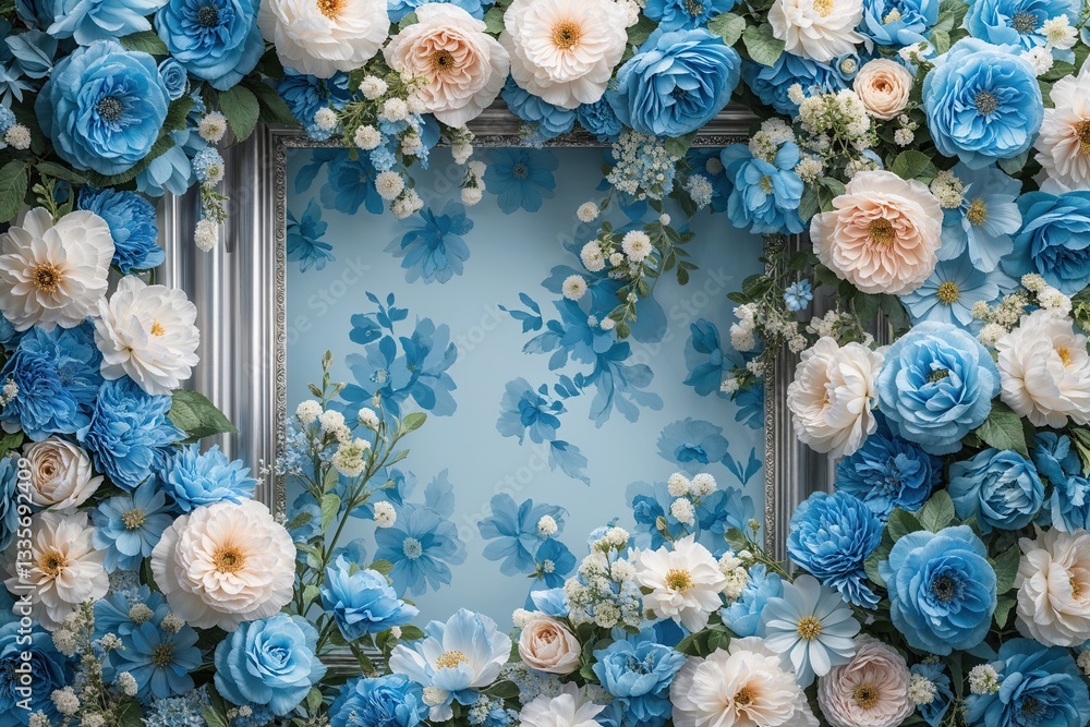 Obraz premium Elegant Silver Framed Pastel Blue Floral Background Design