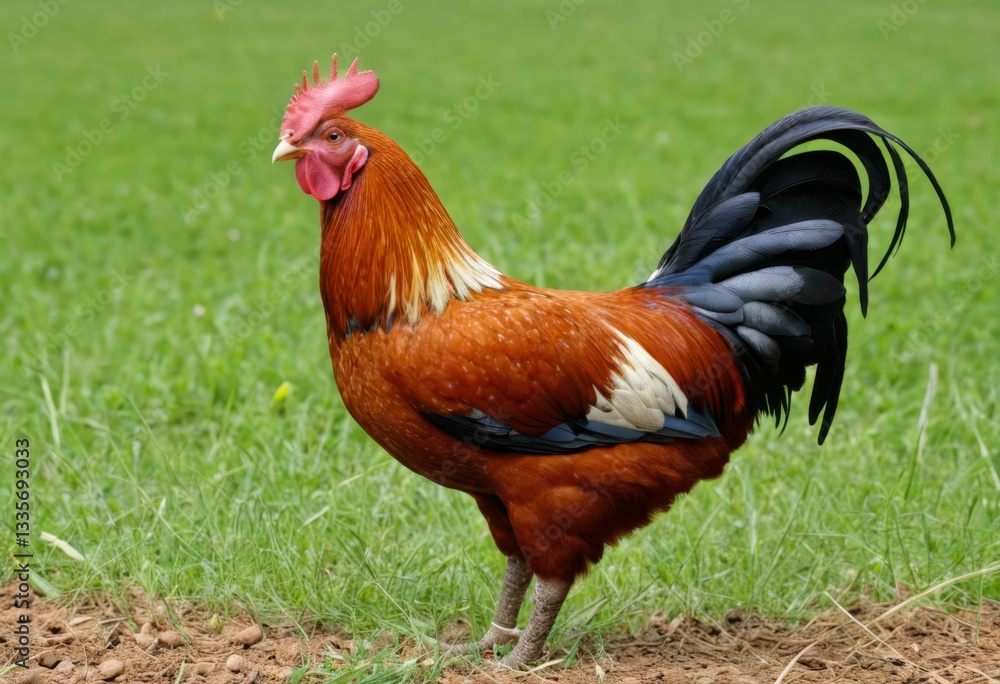 The rooster stood on the ground in the grass The rooster stood on the ground in the grass