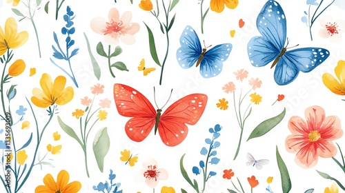 Watercolor floral seamless pattern Cute botanical print, blooming summer meadow with butterflies on white background gentle bright tiny flower pattern for summer print dress