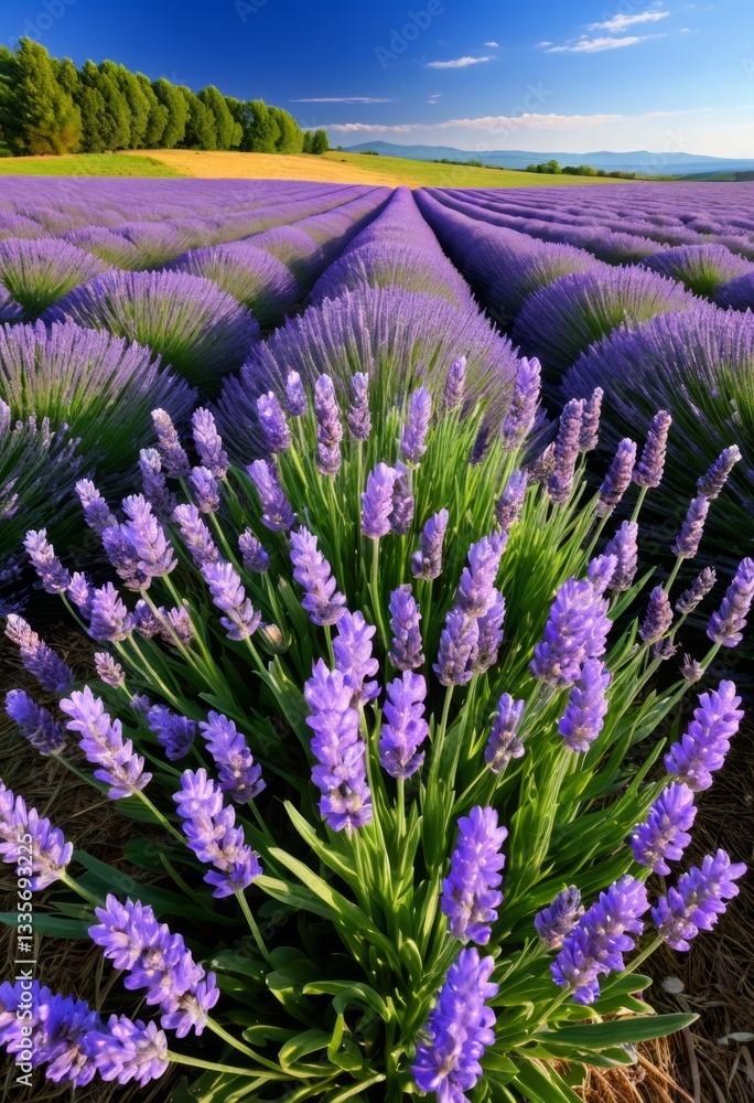 Obraz premium The foreground is a lavender field of rows of lavender flowers