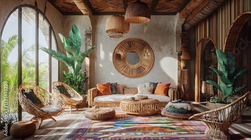 Wallpaper Mural Bohemian-Style Interior with Colorful Rugs and Rattan Furniture Torontodigital.ca