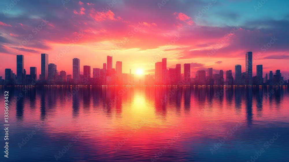 Obraz premium Vibrant Cityscape at Sunset: A Stunning Reflection