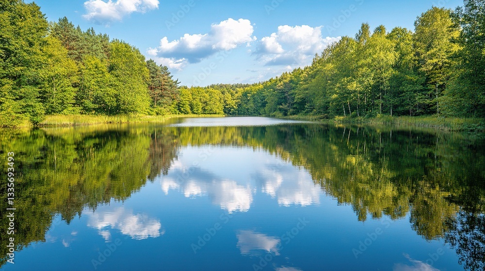 Obraz premium Serene Waterscape Reflection: A tranquil scene unfolds with a glassy lake mirroring a vibrant sky, framed by lush green forests, creating a harmonious panorama of nature's beauty.