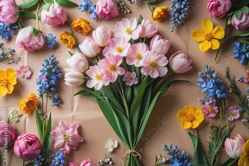 Vibrant Pastel Spring Flowers on Paper Background for Floral Decor