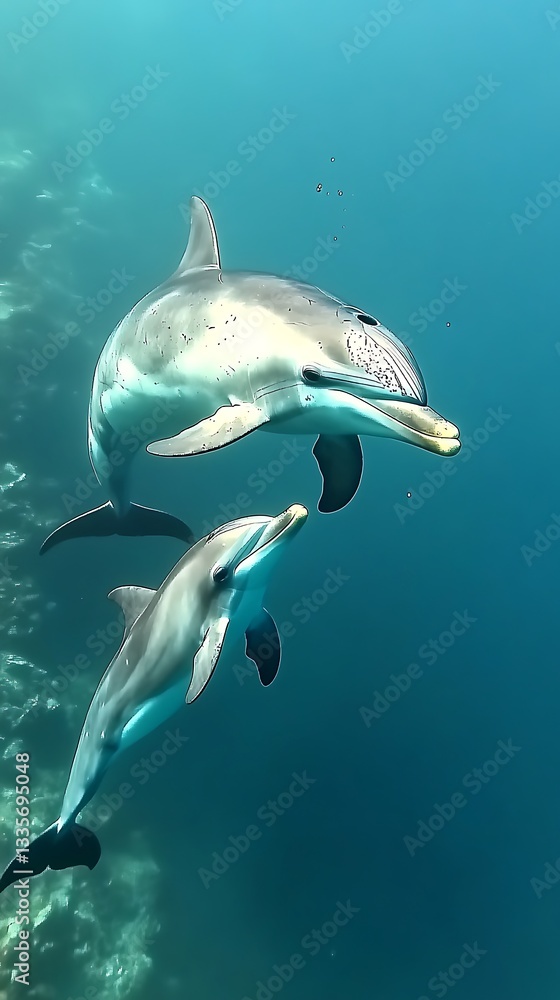 Fototapeta premium Majestic Dolphins Underwater: A Graceful Duo