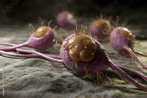 Microscopic cancer cells, medical research, cellular process, detailed view, scientific illustration