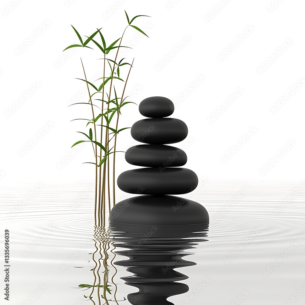 Zen stones, bamboo, water reflection Zen stones, bamboo, water reflection