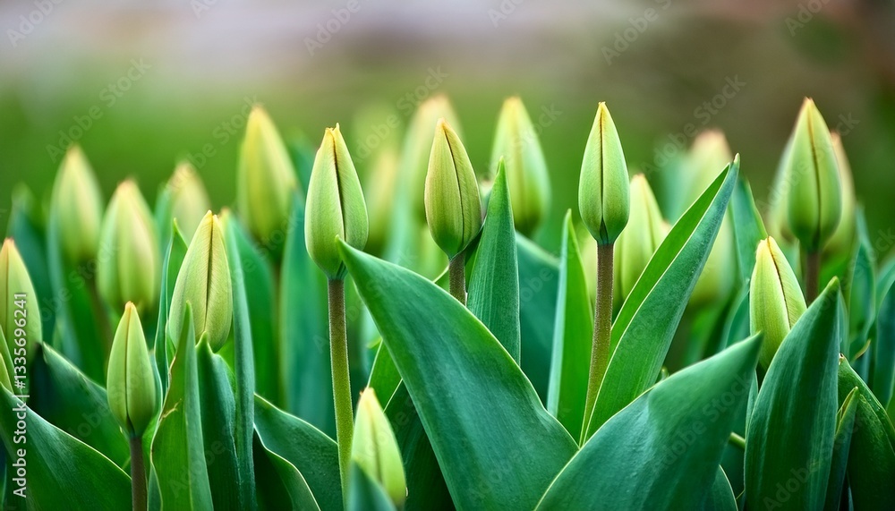 Obraz premium Green tulips with unopened buds in early spring- 30272