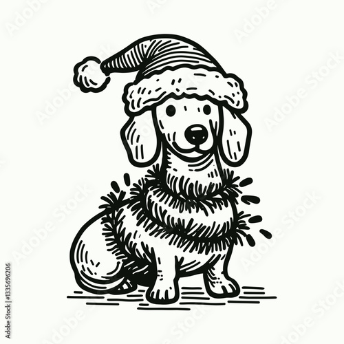 Dachshund dog wearing a Santa hat wrapped in tinsel a simple monochrome vector graphic depicts a festive sausage dog.