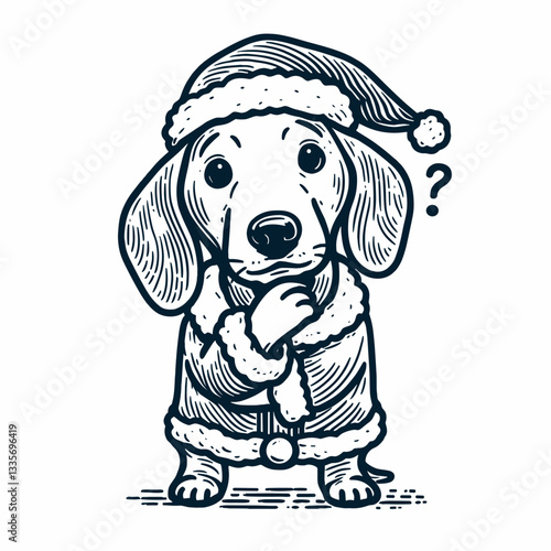 Dachshund dog wearing Santa Claus costumes hand on chin curious vector illustration a tiny sausage dog contemplates Christmas treats