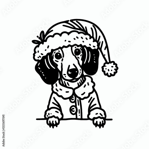 Dachshund Dog wear Santa Claus Costumes Peeking from Behind a minimalist vector illustration of festive pups.