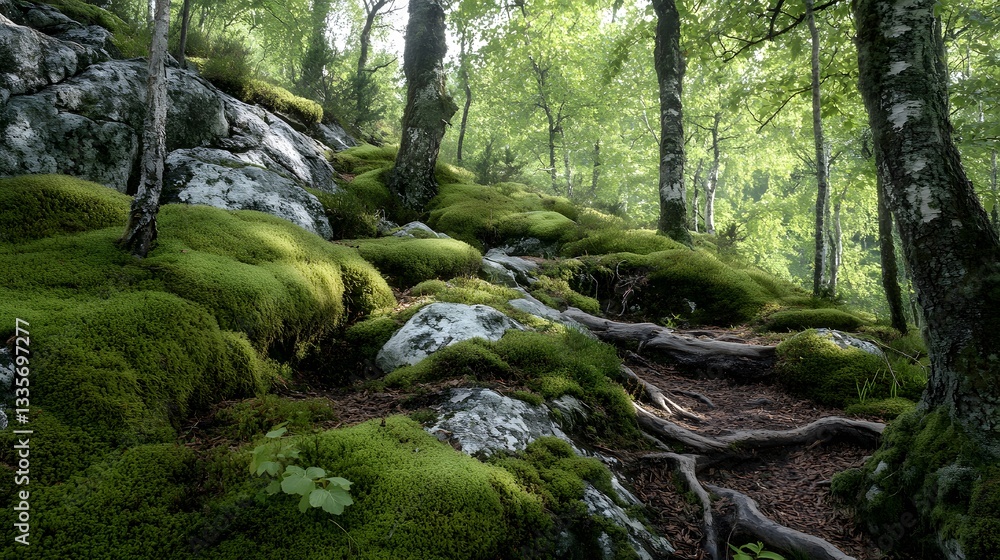 Obraz premium 58. A vibrant patch of moss growing on rocks and tree roots in a shaded forest setting, creating a calm and inviting environment