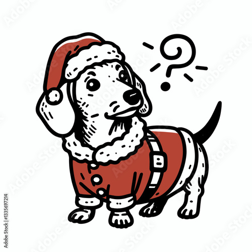 Dachshund Dog wear Santa Claus Costumes Raising One Eyebrow minimalist vector graphic of a joyful sausage dog