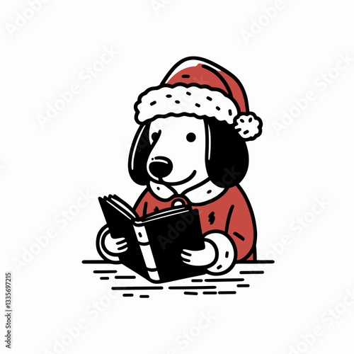 Dachshund dog wearing Santa Claus costumes reads a book a simple monochrome vector graphic illustration of a festive pup