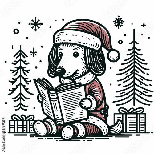 Dachshund dog wearing Santa Claus costumes reads a book in a simple monochrome vector illustration