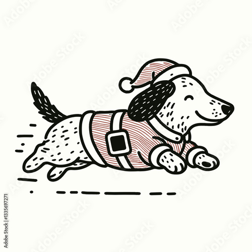 Dachshund Dog wearing Santa Claus costumes running a festive minimalist vector graphic