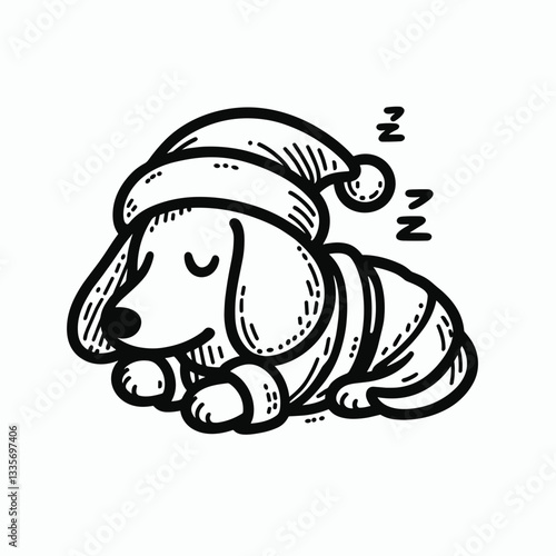 Dachshund dog wearing Santa Claus costumes sleeping peacefully a minimalist vector outline drawing.