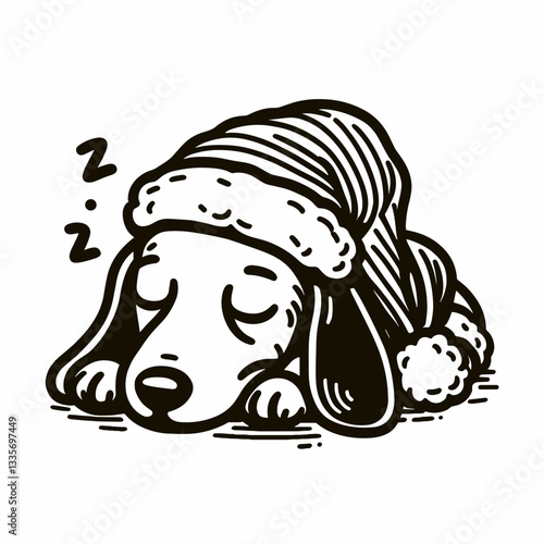 Dachshund dog wearing Santa Claus costumes sleeping soundly a minimalist vector graphic depicts a festive pup's peaceful slumber.
