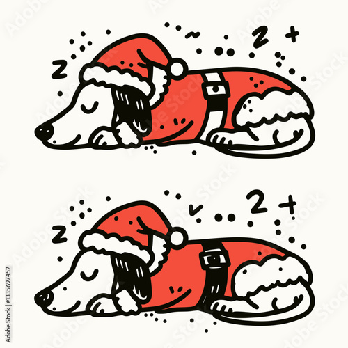 Dachshund dog wearing Santa Claus costumes sleeping peacefully a minimalist vector outline drawing depicts a festive sausage dog dreaming of Christmas treats