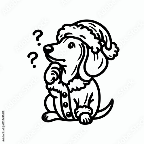 Dachshund Dog wearing Santa Claus costumes tapping its chin thoughtfully pondering Christmas treats a simple monochrome vector graphic