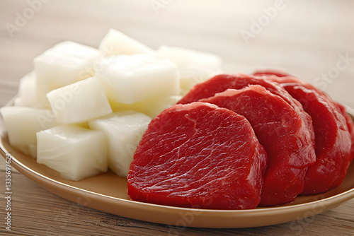 Sliced beef and cubed turnips on plate