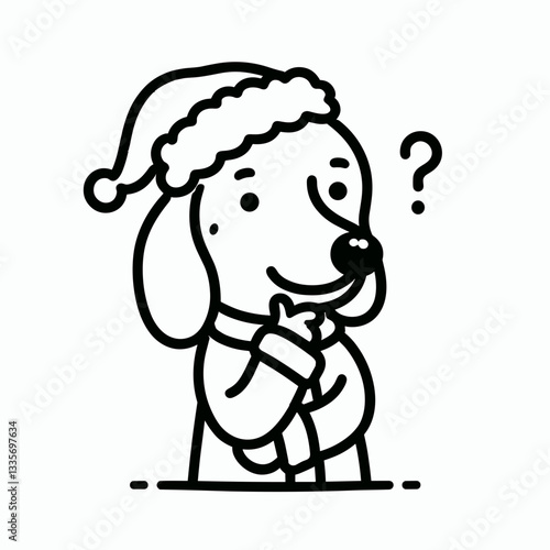 Dachshund dog wearing Santa Claus costumes tapping chin thinking a simple monochrome vector graphic of festive canine contemplation