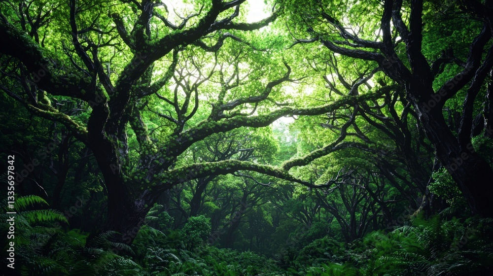 Lush Green Forest Canopy Mossy Trees Sunlight Nature Ecology Lush Green Forest Canopy Mossy Trees Sunlight Nature Ecology