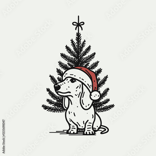 Dachshund Dog wearing a Santa hat caught in a Christmas tree; create a simple monochrome vector illustration of this festive scene.