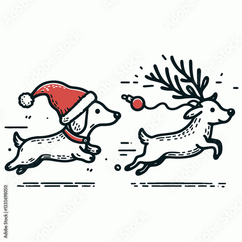 Dachshund dog wearing a Santa hat chases a runaway reindeer a minimalist vector drawing of a festive winter pursuit