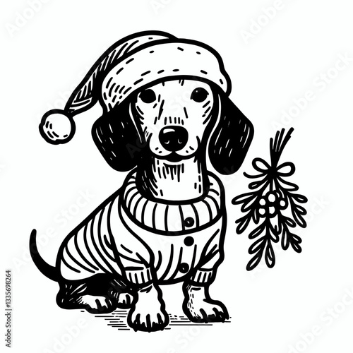 Dachshund Dog wearing a Santa hat holding mistletoe a simple vector graphic shows festive cheer