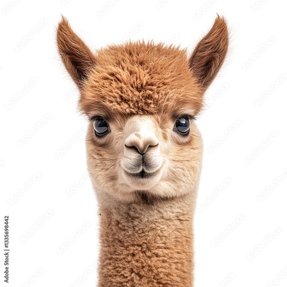 Fototapeta premium Portrait of a cute baby alpaca isolated on transparent background.