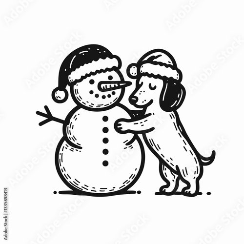 Dachshund Dog wearing a Santa hat hugs a huge snowman a simple vector outline drawing of winter joy