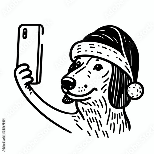 Dachshund Dog wear Santa hat selfie minimalist vector graphic a cute sausage dog Christmas photo