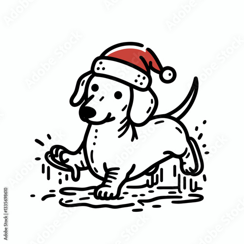 Dachshund dog wearing a Santa hat slipping on ice and falling a comical winter vector graphic