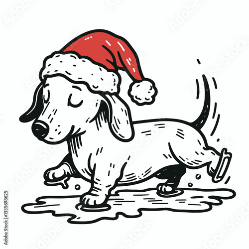 Dachshund dog wearing a Santa hat slipping on ice and falling; create a simple monochrome vector illustration of this hilarious winter mishap