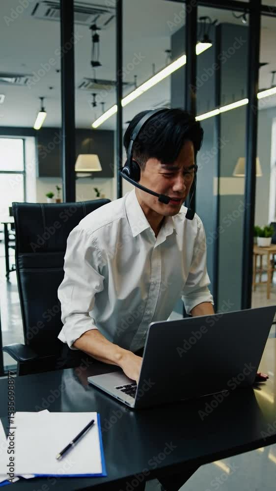 Concentrated Asian Male Call Center Agent in White Shirt Working at a Laptop in a Modern Office Environment Concentrated Asian Male Call Center Agent in White Shirt Working at a Laptop in a Modern Office Environment