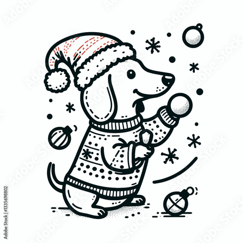 Dachshund Dog wearing a Santa hat throws snowballs a minimalist vector graphic of a joyful winter pup.