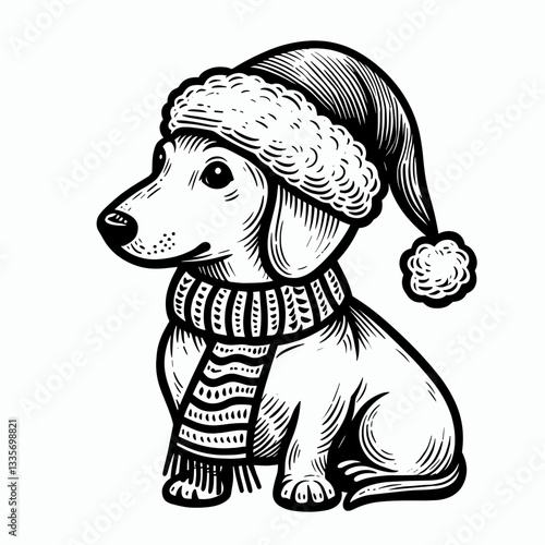 Dachshund dog wearing a Santa hat and scarf a minimalist vector outline drawing of a festive sausage dog.