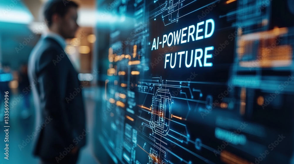 Businessman contemplating an AI-powered future on a digital screen. Businessman contemplating an AI-powered future on a digital screen.